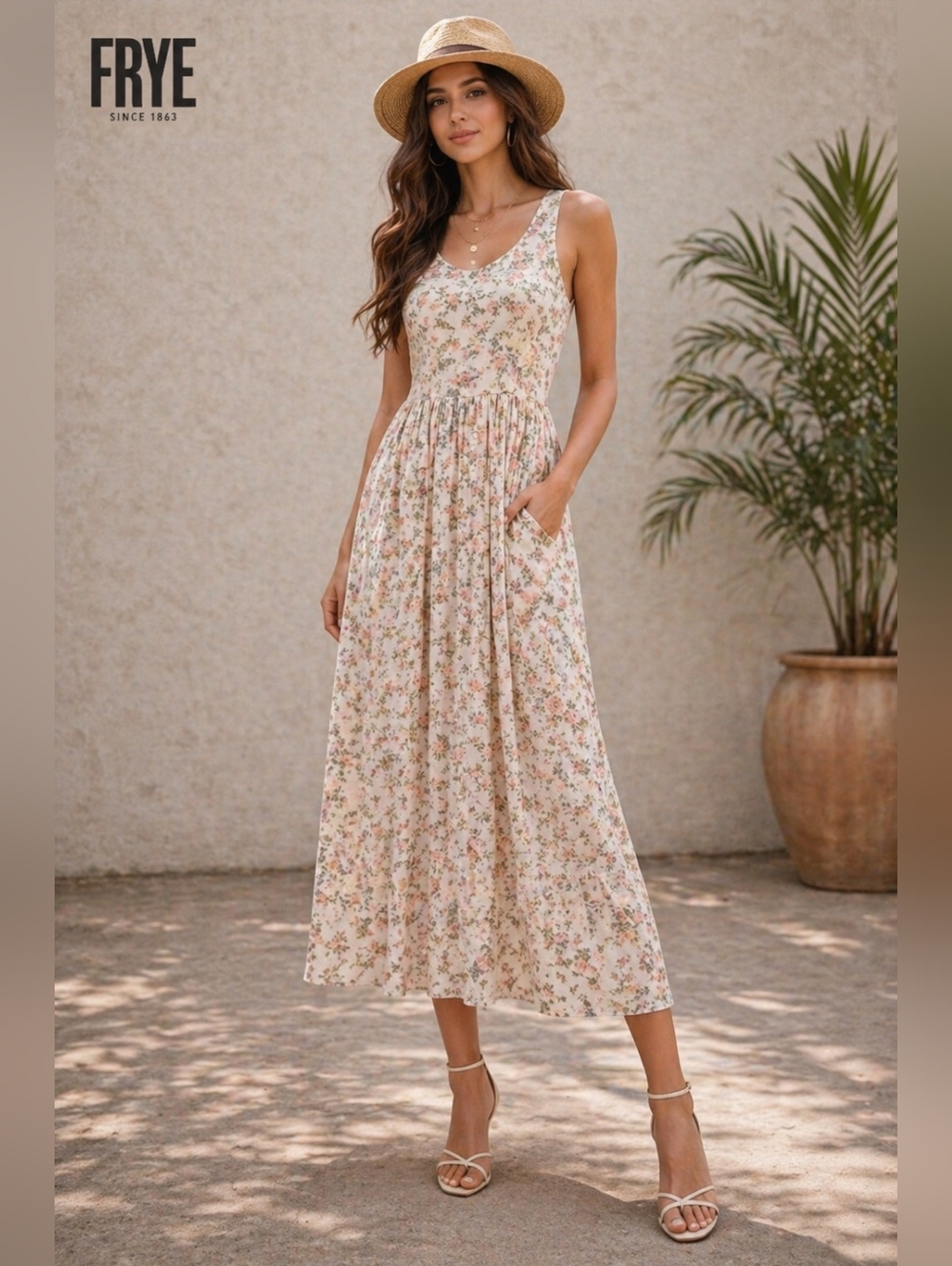 Frye Cream Floral Sleeveless Maxi Dress with Pink & Green Print